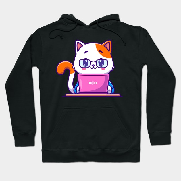 Cute Cat Working On Laptop Cartoon Hoodie by Catalyst Labs